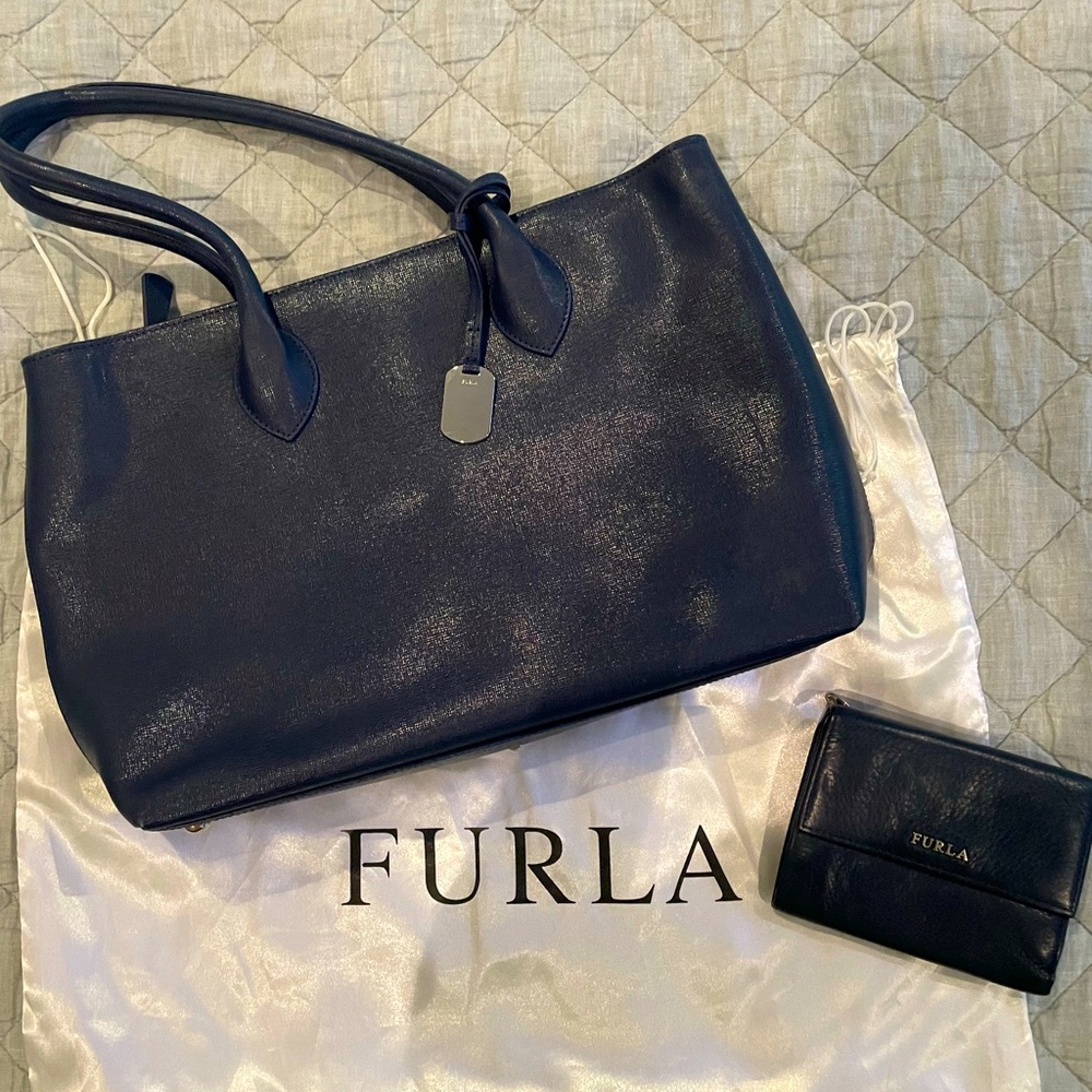 Furla navy blue bag & wallet